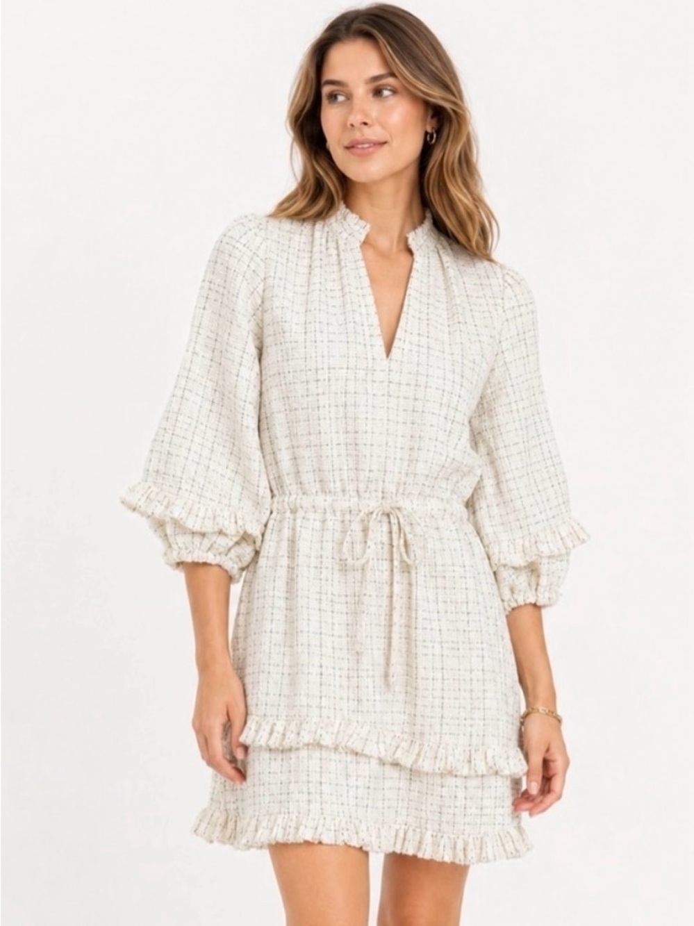We Are Sundays Ivory Tweed Ruffle Puff Sleeve Mini Dress Small